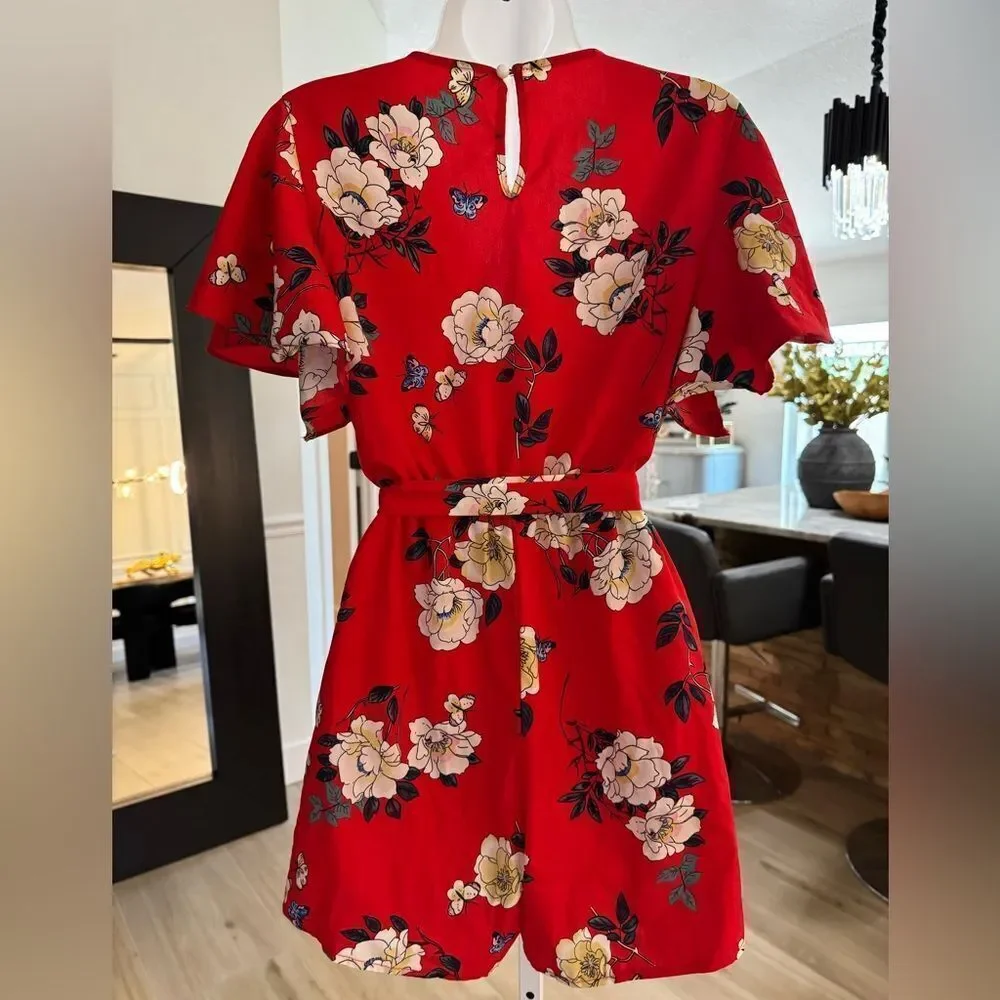 Red Floral Faux Wrap Skort Romper. Size Small